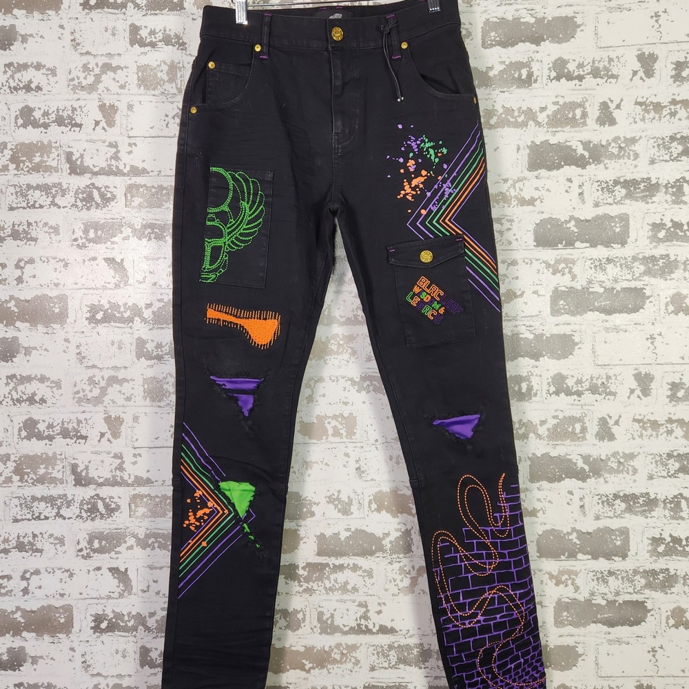Blac Leaf Wisdom and Legacy Mens Black Denim Jeans‎ 32x32 Patches Streetwear Y2K